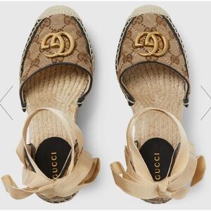 Authentic GUCCI
 embellished canvas-jacquard wedge espadrilles